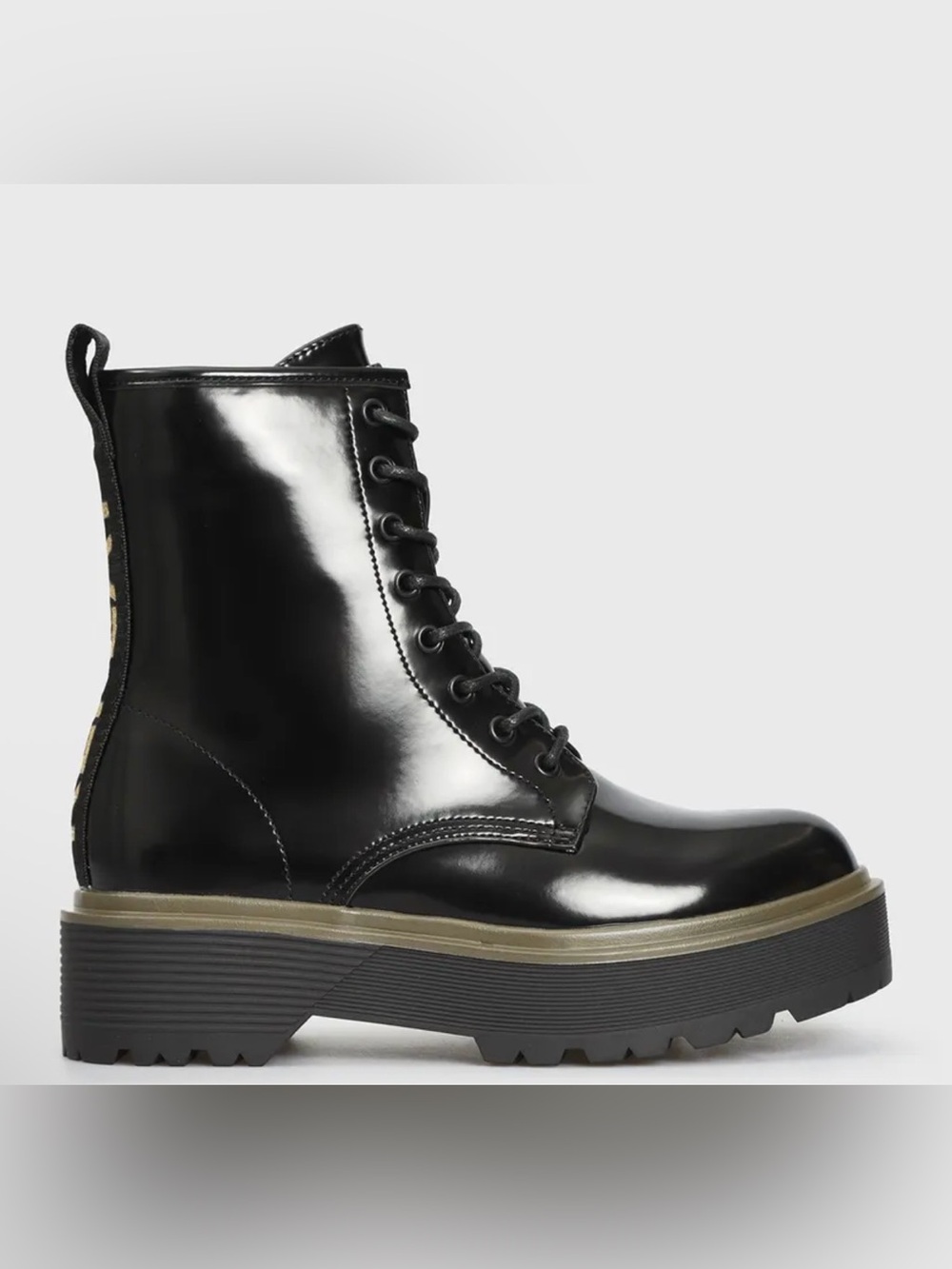 Replay Black High-Shine Lace-Up Platform Boots with Khaki Trim - Picture 3 of 9